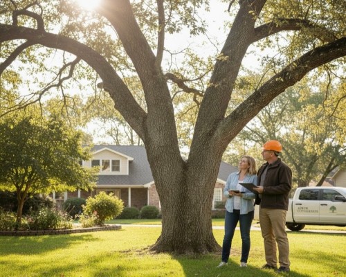 A consulting arborist assessing trees on the property.