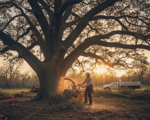 A ground arborist working beneath a large tree.