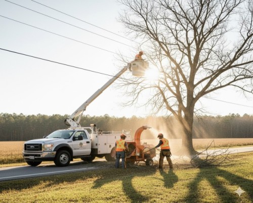 A utility arborist clearing tree branches from power lines.